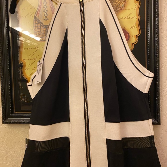 Express black and white halter dress. Zipper back, mesh around waist. SZ LG nwt - Picture 5 of 6